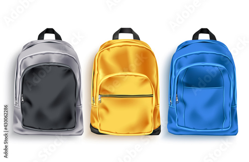 School bag vector set. School backpack and baggage 3d collection in gray, yellow and blue color for educational or travel elements isolated in white background. Vector illustration 