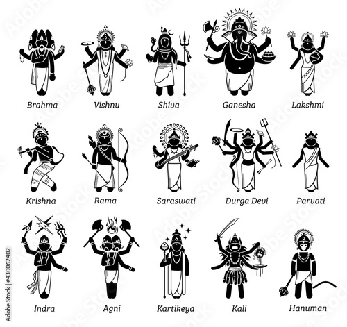 Hindu Gods, Goddess, and deities in stick figure icons. Vector illustrations of popular Hindu deities Brahma, Vishnu, Shiva, Genesha, Lakshmi, Krishna, Rama, Saraswati, Durga Devi, Kali, and Hanuman.