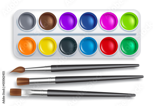 School supplies vector set. Water color palette and paint brush 3d school item collection elements for arts and paint educational activity design. Vector illustration 