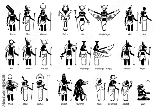 Ancient Egyptian God, Goddess, and deities in stick figure icons. Vector illustration set of popular Egypt deities Amon, Osiris, Isis, Horus, Anubis, Seth, Sobek, Taweret, Ptah, Sekhmet and Bastet. photo