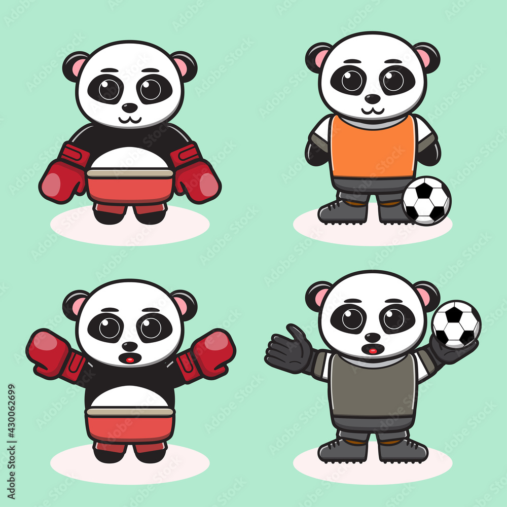 Vector illustration of cute Panda Football and Boxing cartoon. Cute Panda expression character design bundle. Good for icon, logo, label, sticker, clipart.