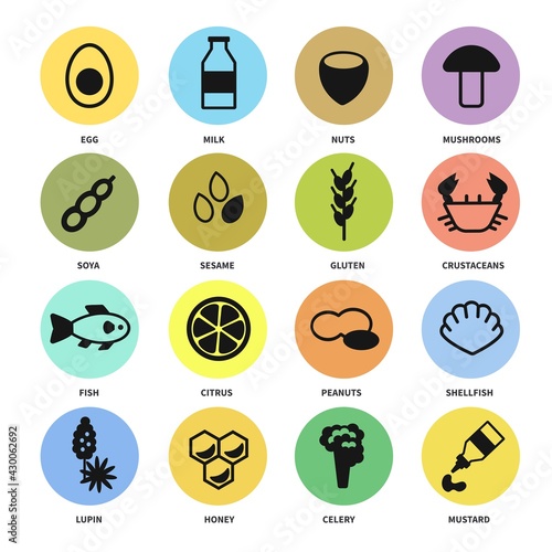 Large set of icons with the main allergens in food