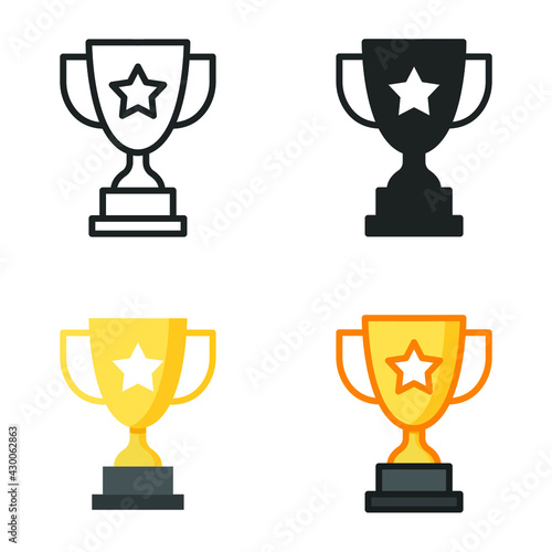 Trophy icon in different style. Line, solid, flat, filled outline symbol for design. Winner, award, cup, champ, contest, prize, won concept. Vector illustration isolated on white background. EPS 10.
