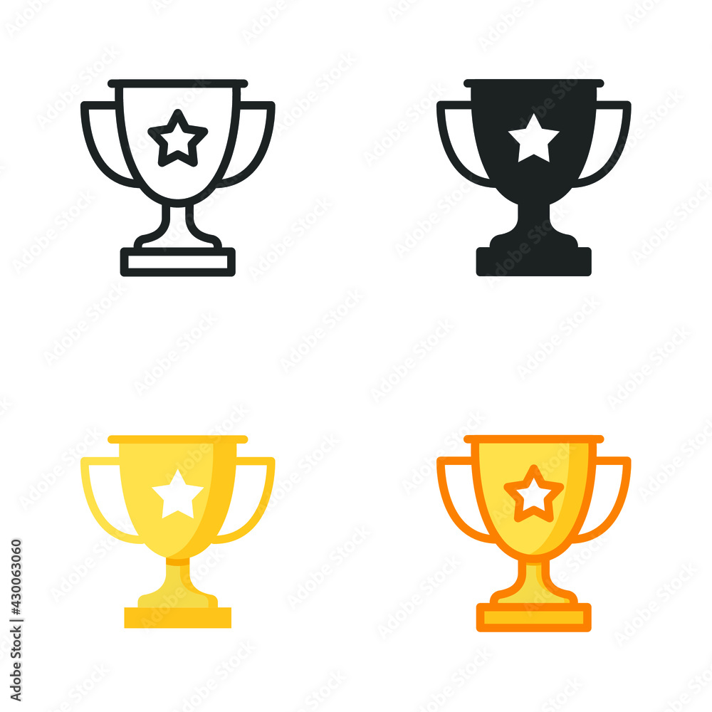 Trophy icon in different style. Line, solid, flat, filled outline symbol for design. Winner, award, cup, champ, contest, prize, won concept. Vector illustration isolated on white background. EPS 10. Trophy icon in different style. Line, solid, flat, filled outline symbol for design. Winner, award, cup, champ, contest, prize, won concept. Vector illustration isolated on white background. EPS 10.