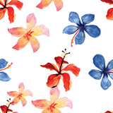 White Seamless Texture. Indigo Pattern Background. Cobalt Tropical Design. Scarlet Flower Art. Blue Garden Plant. Pink Drawing Illustration. Navy Wallpaper Botanical.