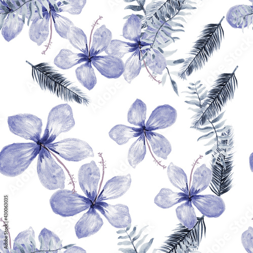 White Seamless Exotic. Navy Pattern Palm. Blue Tropical Botanical. Gray Flower Illustration. Cobalt Drawing Texture. Indigo Watercolor Painting. Spring Leaf.