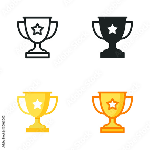 Trophy icon in different style. Line, solid, flat, filled outline symbol for design. Winner, award, cup, champ, contest, prize, won concept. Vector illustration isolated on white background. EPS 10.