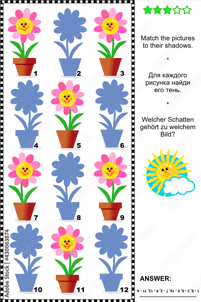 Visual puzzle or riddle with potted flowers: Match the pictures to their shadows. Answer included.
