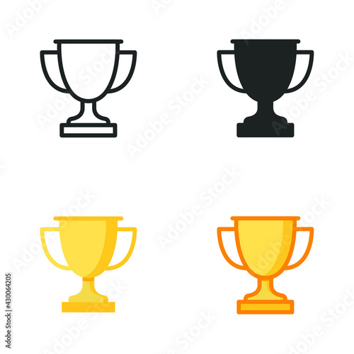 Trophy icon in different style. Line, solid, flat, filled outline symbol for design. Winner, award, cup, champ, contest, prize, won concept. Vector illustration isolated on white background. EPS 10.