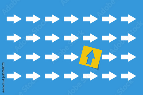 white arrows group in one direction and arrow in yellow paper sticker with different way, business innovations or new strategy vector concept