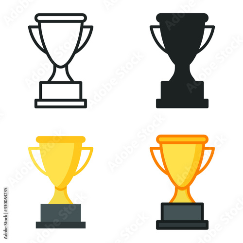 Trophy icon in different style. Line, solid, flat, filled outline symbol for design. Winner, award, cup, champ, contest, prize, won concept. Vector illustration isolated on white background. EPS 10.