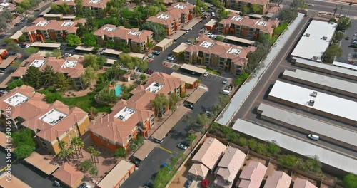 Exterior view avondale town american residential of typical multi level apartment in street and home near Phoenix Arizona USA photo