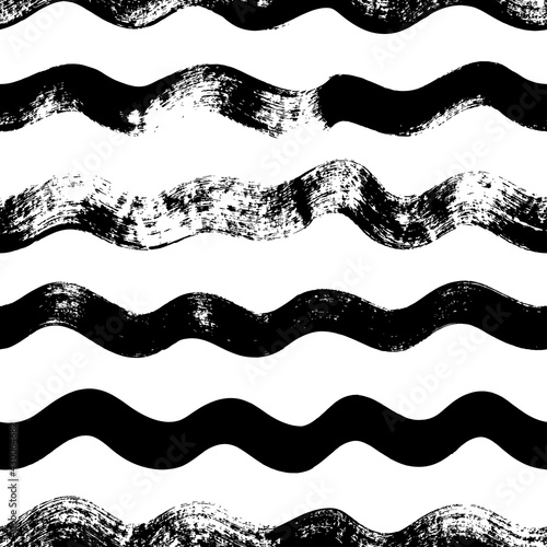 Wavy grunge lines vector seamless pattern. Horizontal brush strokes, swirls, curly lines. Black paint hand drawn background. Geometric ornament for wrapping paper. Dry brushstrokes pattern.