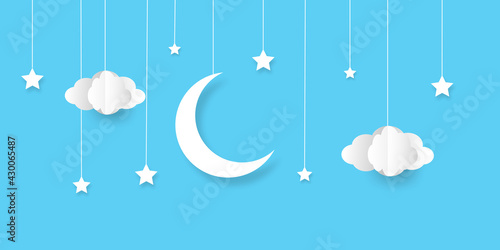 night sky with stars and moon. paper art style. Vector of a crescent moon with stars on a cloudy night sky.
Moon and stars background.