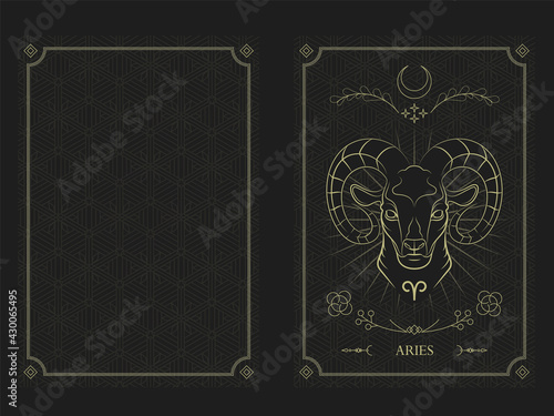 Zodiac Aries Horoscope Card Golden Outline Style with Crescent Moon, Stars and Leave Icons in Chain Rectangular Frame and Diamond at four Corners with the Name inside Vector Graphic Design Template