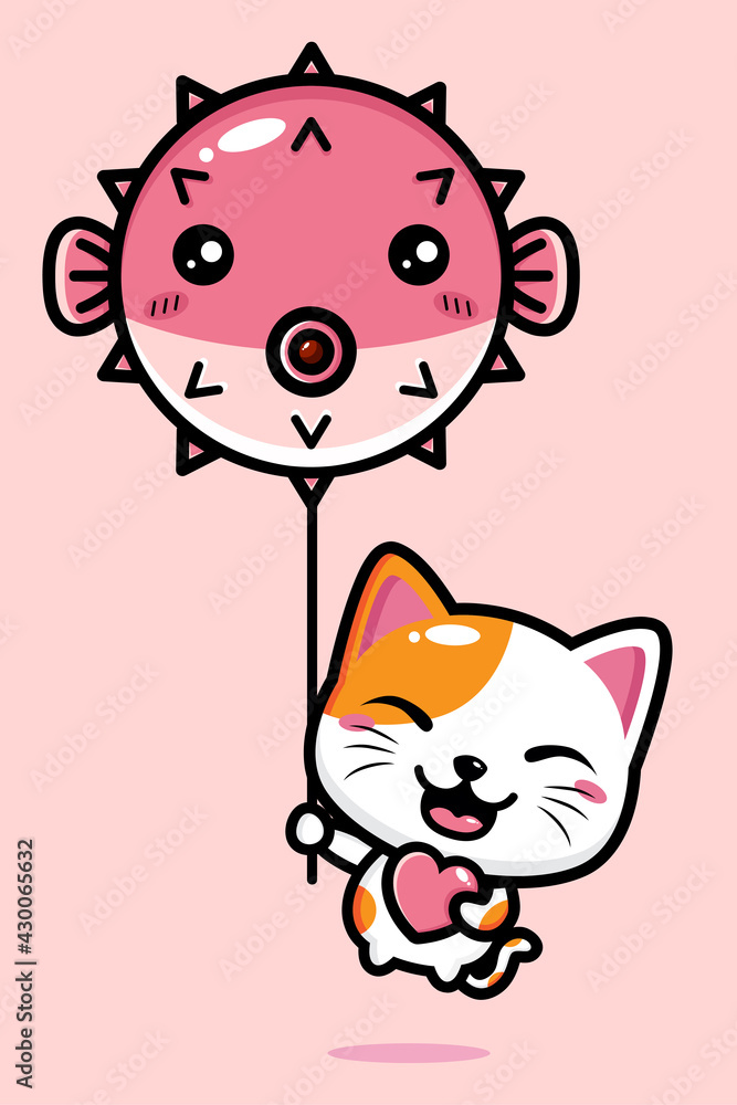 Fototapeta premium cartoon cute lucky cat flying vector design with fish shaped balloon
