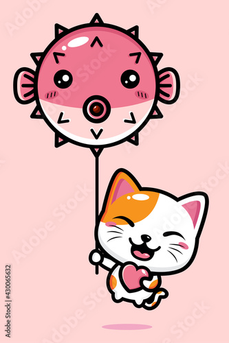 cartoon cute lucky cat flying vector design with fish shaped balloon