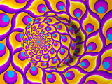 Yellow background from feathers of peacock with rotating sphere. Spin illusion.