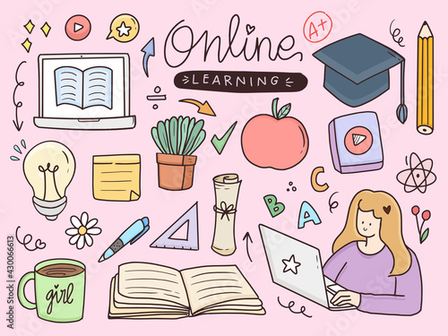 Online learning doodle drawing illustration sticker set. Home school cartoon drawing with laptop.