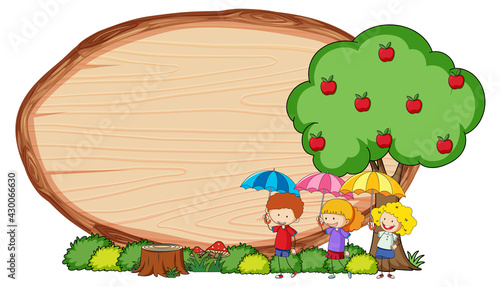 Blank wooden board in oval shape with kids doodle cartoon character