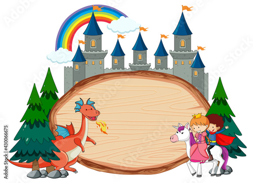 Blank wooden banner with fairy tale cartoon character and elements isolated