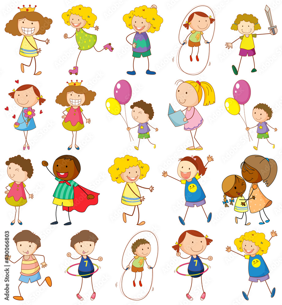 Set of different kids in doodle style Set of different kids in doodle style