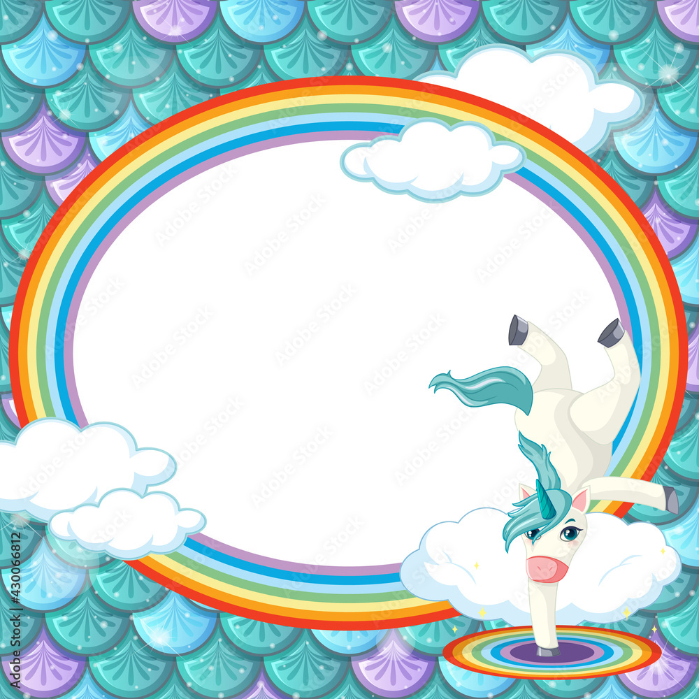 Obraz premium Oval frame template on green fish scales background with unicorn cartoon character