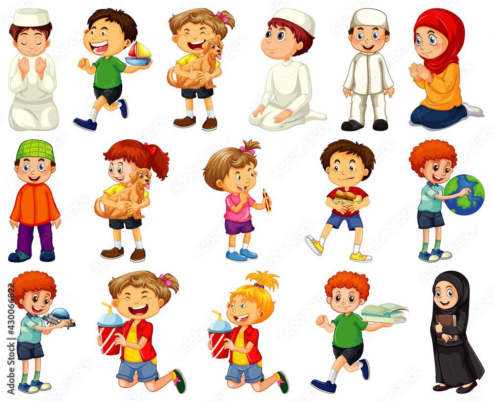 Children doing different activities cartoon character set on white background Children doing different activities cartoon character set on white background