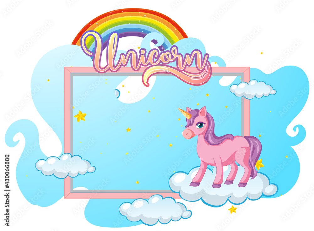 Empty banner with cute unicorn cartoon character on white background Empty banner with cute unicorn cartoon character on white background