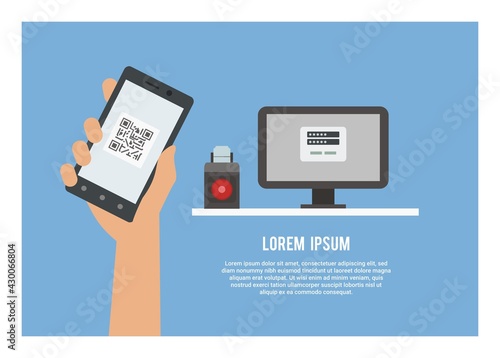 hand holding smartphone with QR code interface, with ticket self printing machine.

