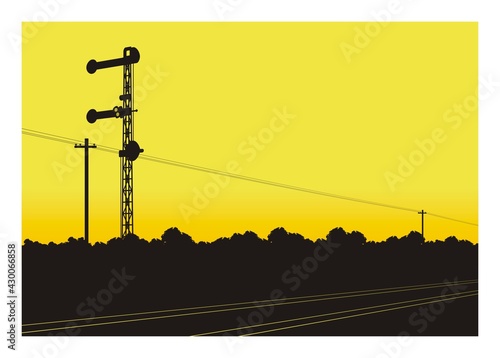 Railroad with rail signalling. Silhouette illustration in perspective view