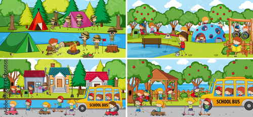 Outdoor scene set with many kids doodle cartoon character