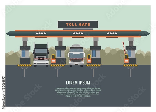 Group of vehicle entering highway gate, with one gate opened. Trees silhouette background. Simple Illustration.