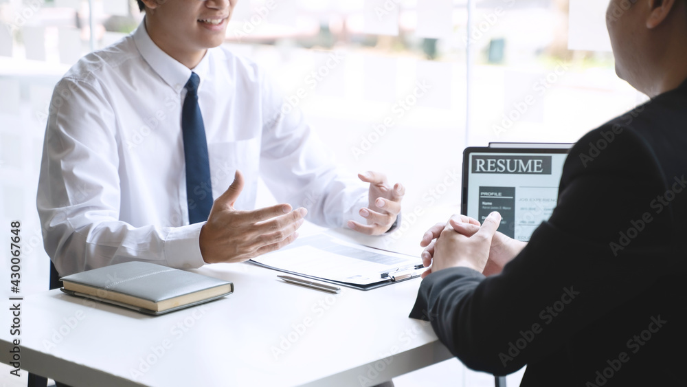 Fototapeta premium Examiner reading a resume during job interview at office