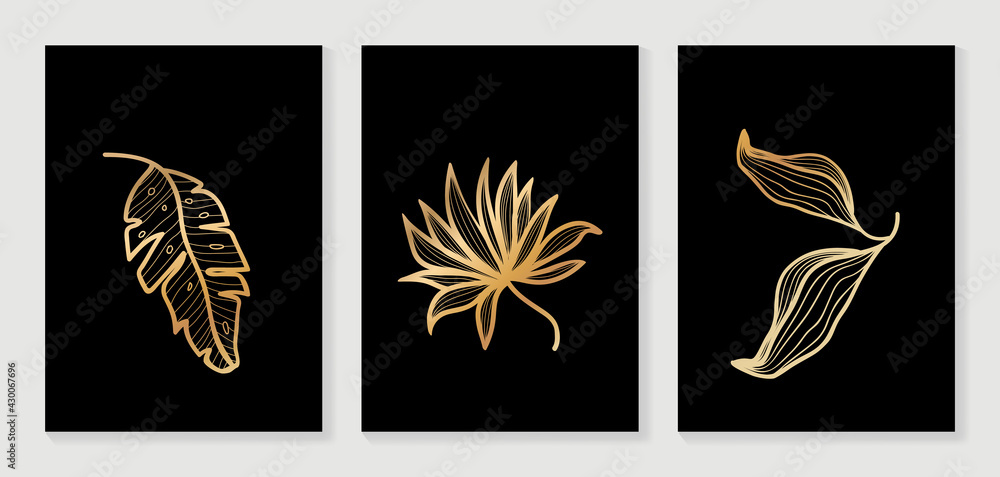 Gold leaves line arts wall art collection. Vector design for prints and wallpaper. Gold leaves line arts wall art collection. Vector design for prints and wallpaper.