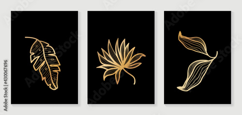 Gold leaves line arts wall art collection. Vector design for prints and wallpaper.