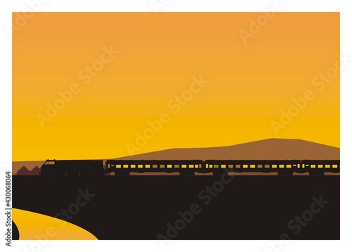 Silhouette of a train in afternoon. Simple flat illustration.