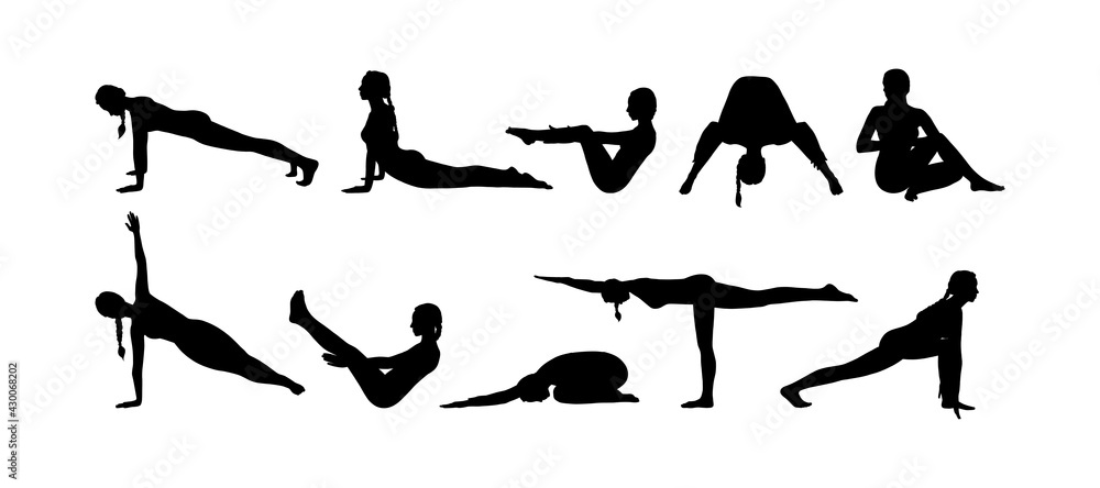 Yoga asana set with black woman silhouettes. Yogi girl full body workout including core muscles, legs and arms. Sketch vector illustration isolated in white background