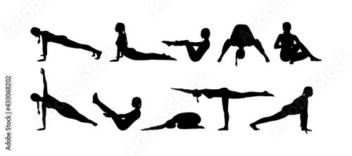 Yoga asana set with black woman silhouettes. Yogi girl full body workout including core muscles, legs and arms. Sketch vector illustration isolated in white background