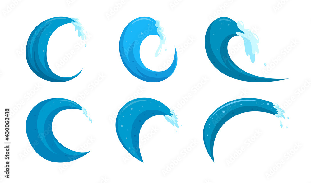 Curling waves clipart. Swiling water barrels. Cartoon vector illustration isolated in white background
