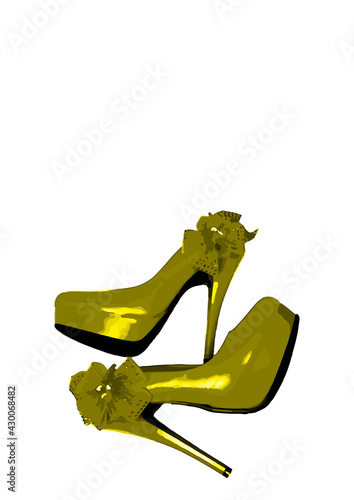 Dressed shoes on the platform with a bow on a high thin heel. Shoes. yellow, gold
