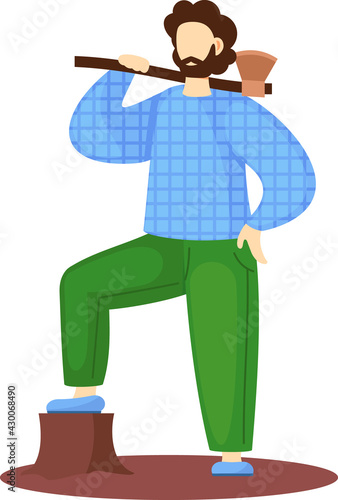 Man lumberjack is standing with wood chopper on his shoulder isolated on white background. Male character is working with equipment. Guy with ax chops down trees. Lumberjack stands near stump