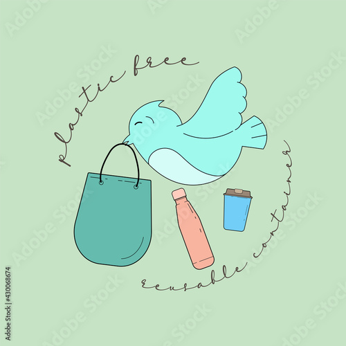 Flying bird carry reusable tote bag as a gimmick of reducing amount of single-use plastic. Plastic free. Vector illustration outline flat design style.