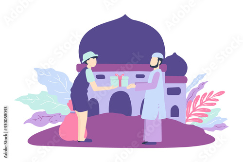 Muslim man giving alms to the poor.