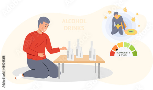 Guy looking at alcohol bottles alone. Addicted male character with alcohol beverage rests at home. Unhealthy lifestyle concept. Immunity level decreases due to drinking. Bottles with vodka on table