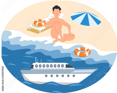 Relaxing scene on breezy day at tropical beach, sunbathing man resting sunny day sitting next to sun lounger and umbrella, white yacht at sea. Summer vacation on sandy beach on ocean coast, journey
