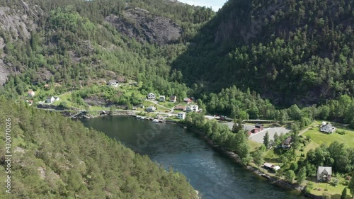 Aerial of Vikafjorden fjord leading to Vosso Salmon river - At Stamnes close to school in Sanden photo