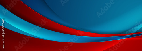 Blue and red abstract glossy waves corporate background. Futuristic wavy vector banner design