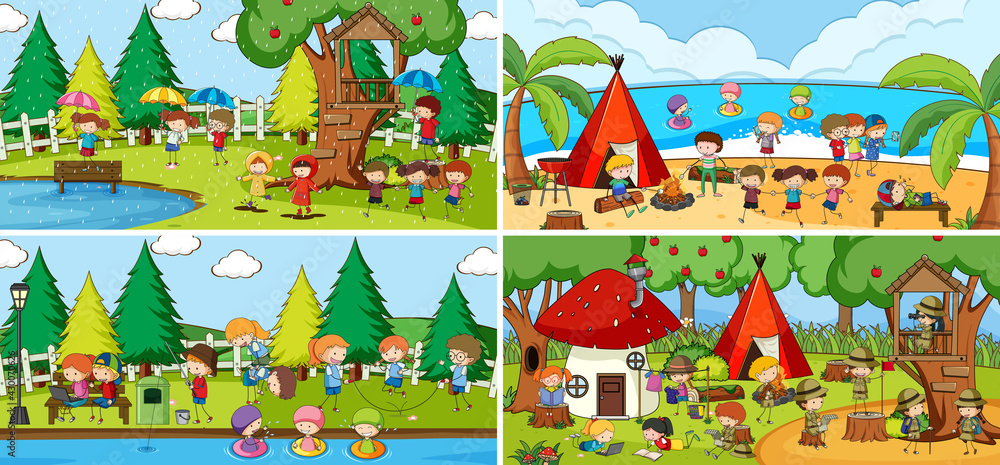 Outdoor scene set with many kids doodle cartoon character