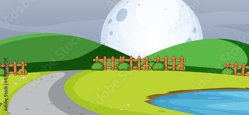 Empty park scene at night with the big moon in simple style